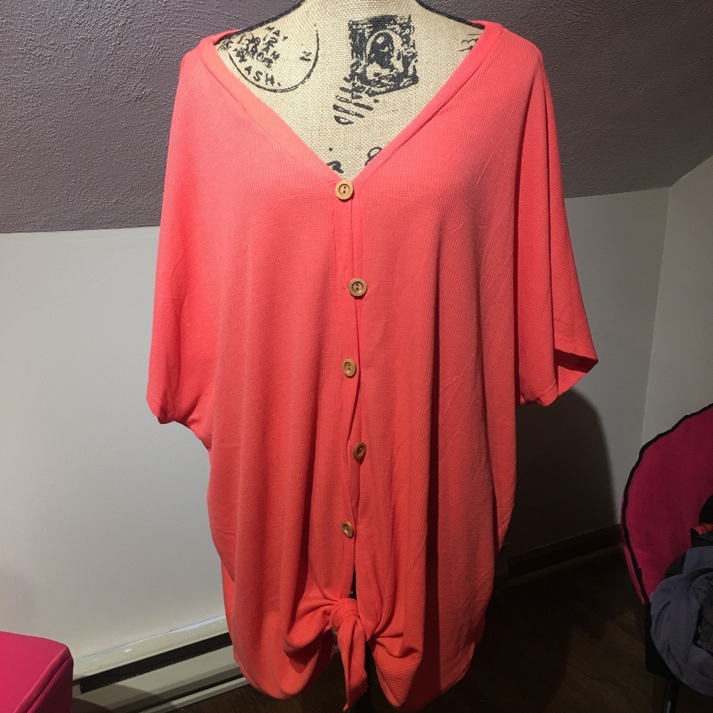 button up waffle-knit coral tunic